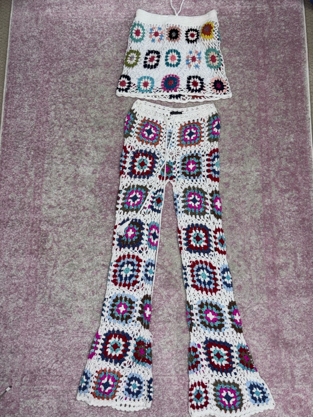 Dolls Kill White Crochet Two-Piece Set with Multicolor Granny Squares